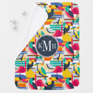 Geometric Tropical Birds Monogram Receiving Blanket
