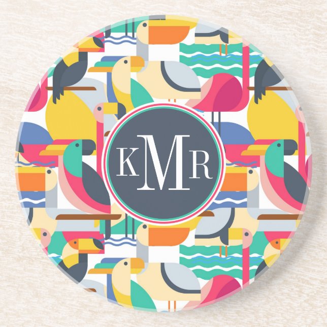 Geometric Tropical Birds | Monogram Sandstone Coaster (Front)