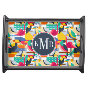 Geometric Tropical Birds   Monogram Serving Tray