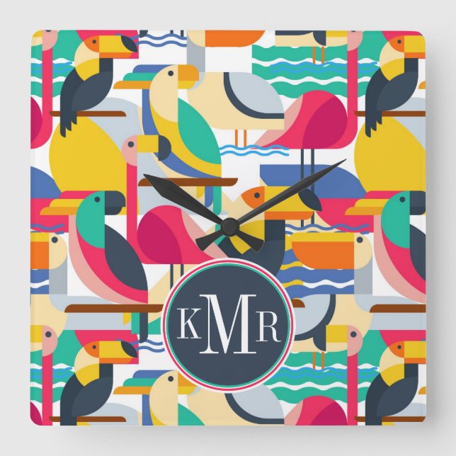 Geometric Tropical Birds | Monogram Square Wall Clock (Front)