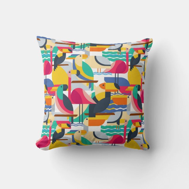 Geometric Tropical Birds Throw Pillow (Front)