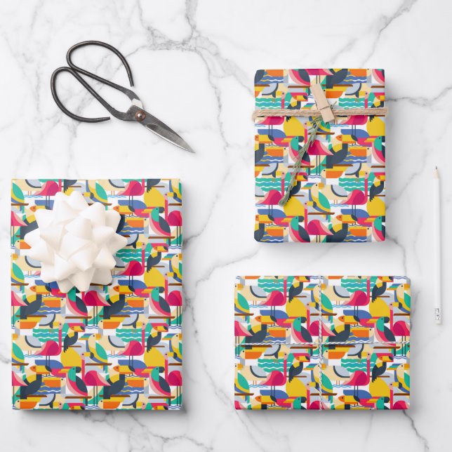 Geometric Tropical Birds Wrapping Paper Sheets (Front)