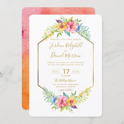 Geometric Tropical Floral Gold Watercolor Wedding Invitation