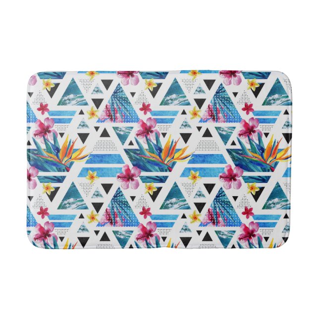Geometric Tropical Flowers Pattern Bathroom Mat (Front)