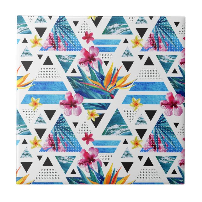 Geometric Tropical Flowers Pattern Ceramic Tile (Front)