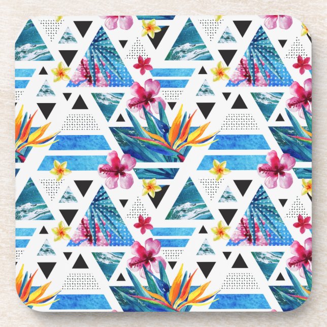 Geometric Tropical Flowers Pattern Drink Coaster (Front)
