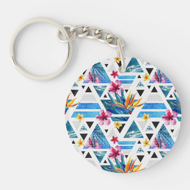 Geometric Tropical Flowers Pattern Keychain (Front)