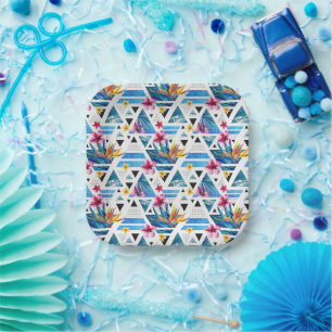 Geometric Tropical Flowers Pattern Paper Plates