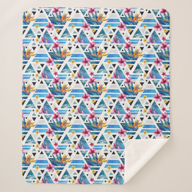 Geometric Tropical Flowers Pattern Sherpa Blanket (Front)
