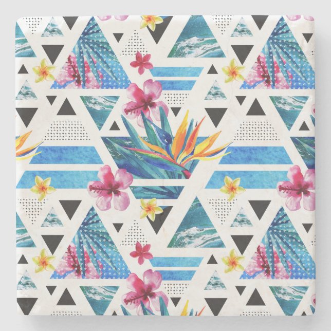 Geometric Tropical Flowers Pattern Stone Coaster (Front)