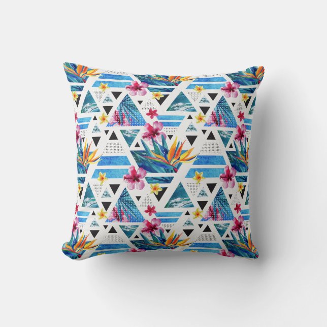 Geometric Tropical Flowers Pattern Throw Pillow (Front)