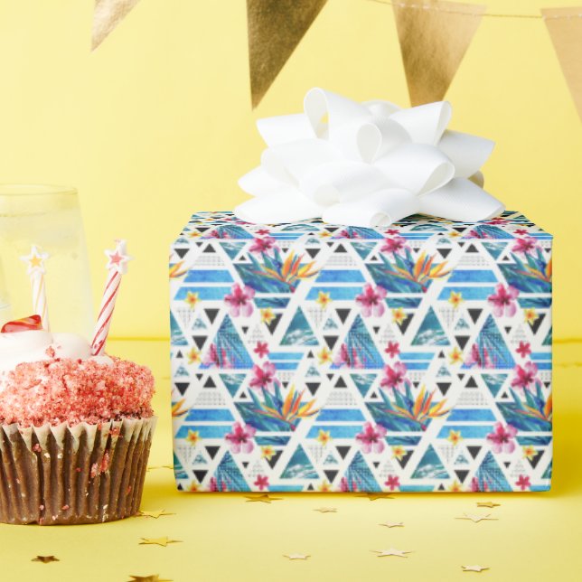 Geometric Tropical Flowers Pattern Wrapping Paper (Birthday Party)