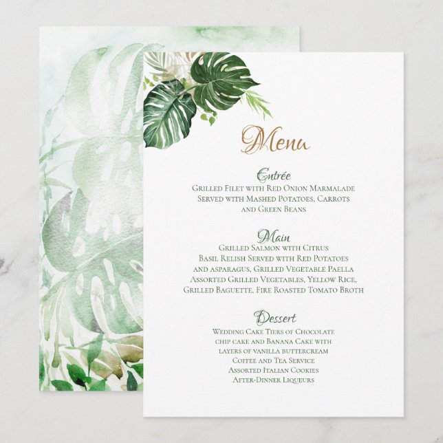Geometric Tropical Green Palm Leaves Art Wedding M Menu (Front/Back)