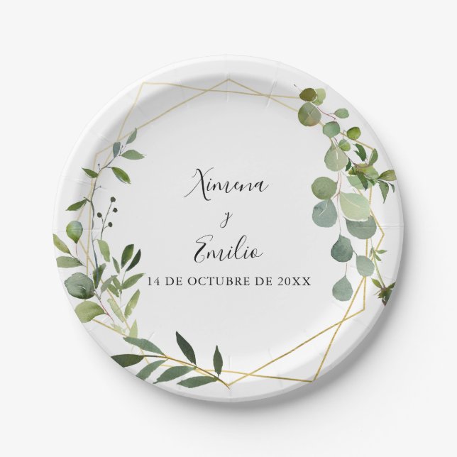 Geometric Tropical Green Spanish Wedding Cake Paper Plates (Front)