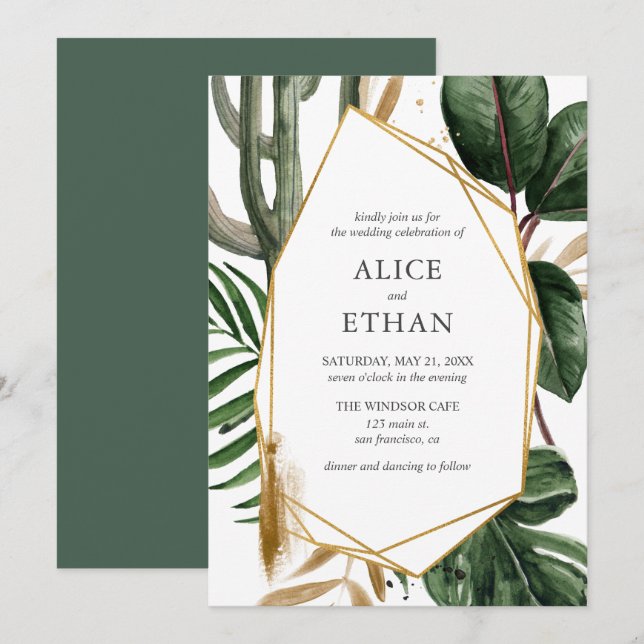 Geometric Tropical Greenery Wedding Invitation (Front/Back)