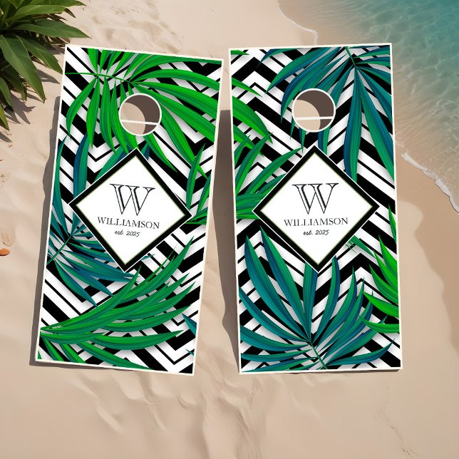 Geometric Tropical Jungle Beach House Cornhole Set (Geometric Pattern Jungle Beach Cornhole Set)