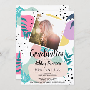 Geometric tropical leaf shapes photo graduation invitation