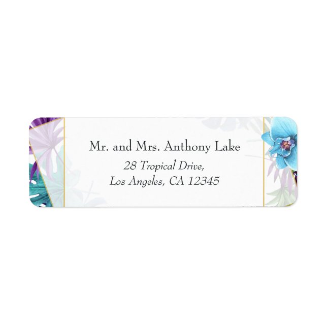 Geometric Tropical Orchids Beach Wedding Label (Front)
