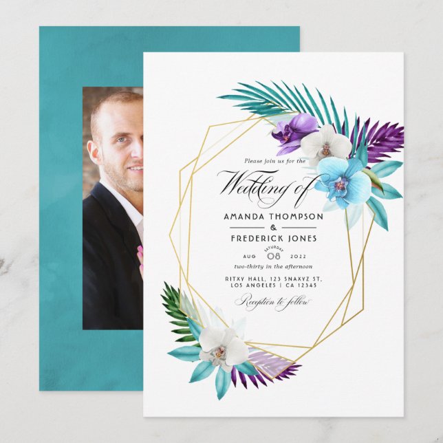 Geometric Tropical Orchids Wedding Photo Invitation (Front/Back)