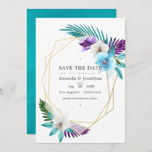Geometric Tropical Orchids Wedding Photo Save The Date