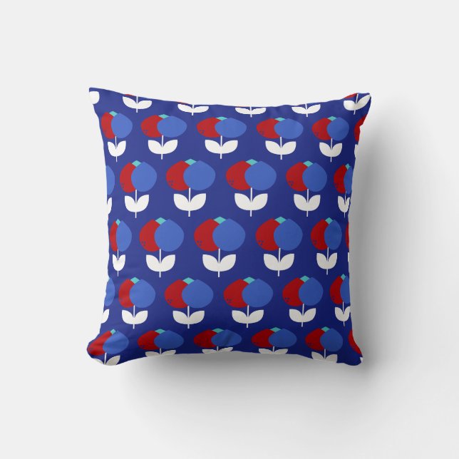 Geometric Tulips Red and Blue Throw Pillow (Front)