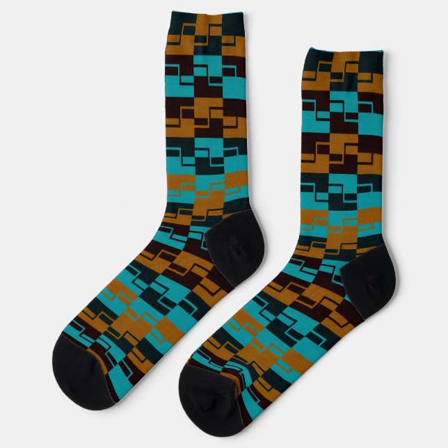 Geometric Turquoise and light/dark Brown Black Socks (Left)