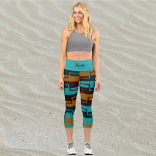 Geometric Turquoise Black and Brown Capri Leggings
