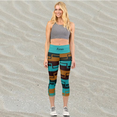 Geometric Turquoise Black and Brown  Capri Leggings