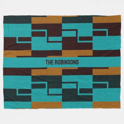 Geometric Turquoise Black and Brown  Fleece Blanket