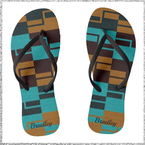 Geometric Turquoise Black and Brown  Flip Flops