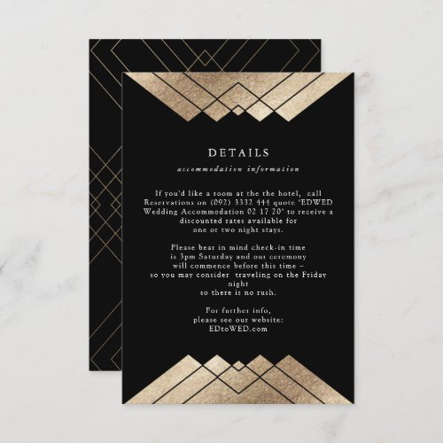 Geometric Vintage Black Gold Foil Wedding Details Enclosure Card