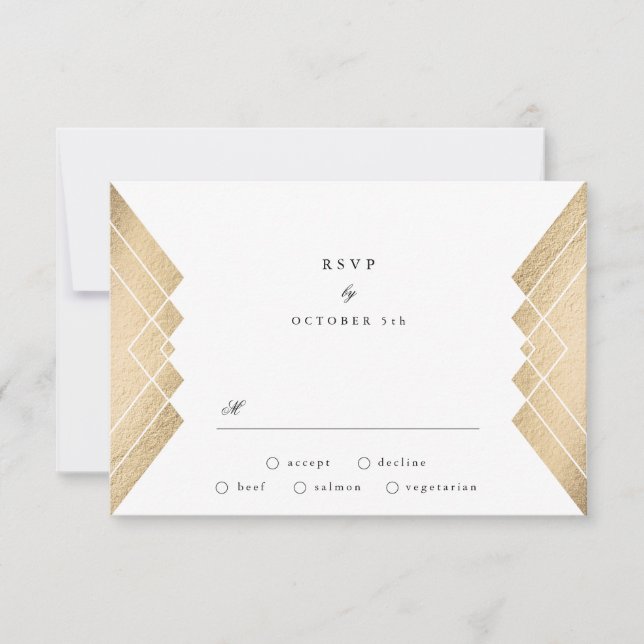 Geometric Vintage Grey Gold Gatsby Wedding RSVP (Front)