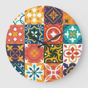 Geometric Vintage Tiles Ornate Pattern Large Clock