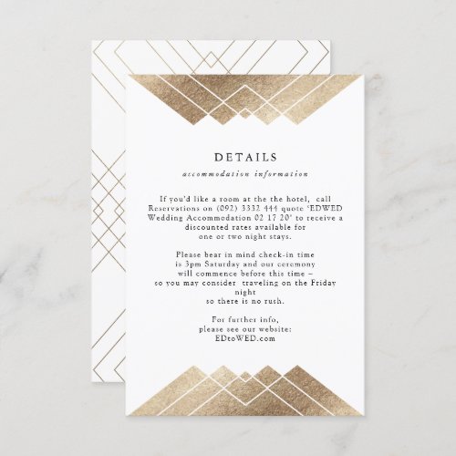 Geometric Vintage White Gold Foil Wedding Details Enclosure Card