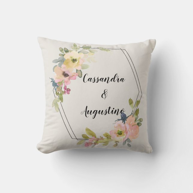 Geometric Watercolor Floral Couples Names Throw Pillow (Front)