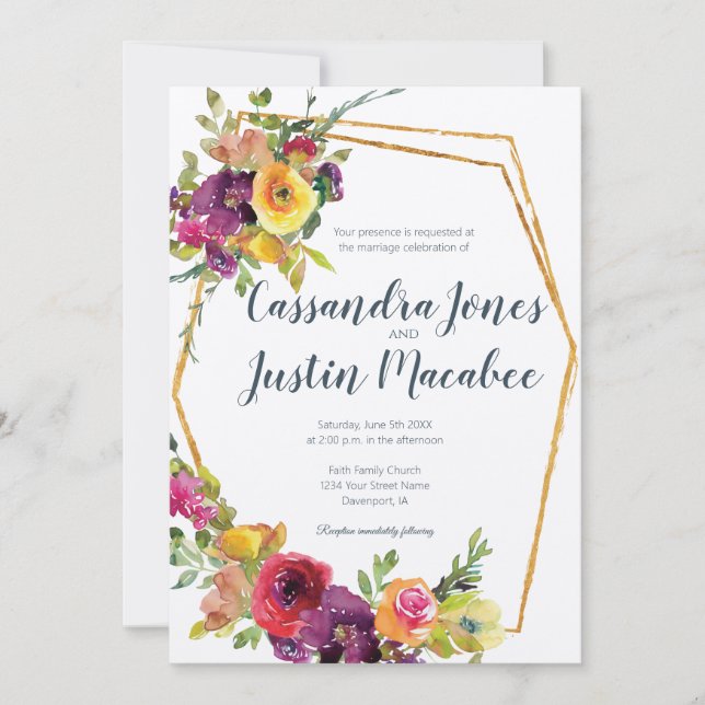 Geometric Watercolor Floral Wedding Invitation (Front)