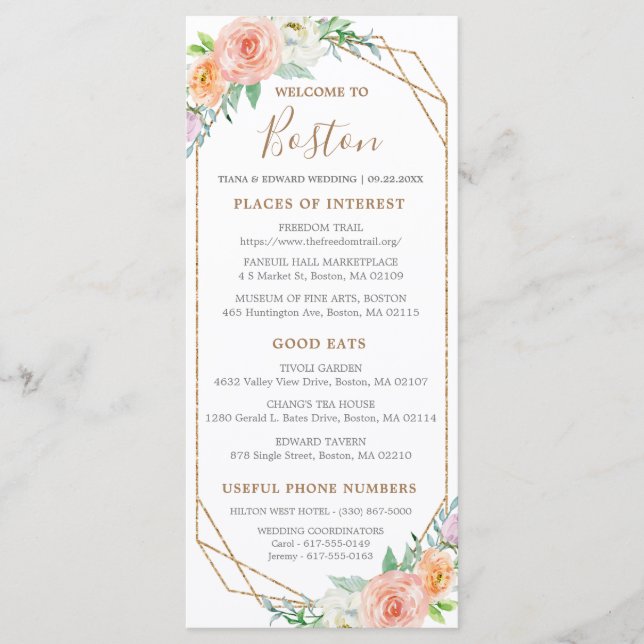 Geometric Watercolor Flower Wedding Timeline Card (Front)