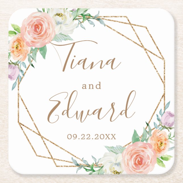 Geometric Watercolor Flowers Wedding Coaster (Front)