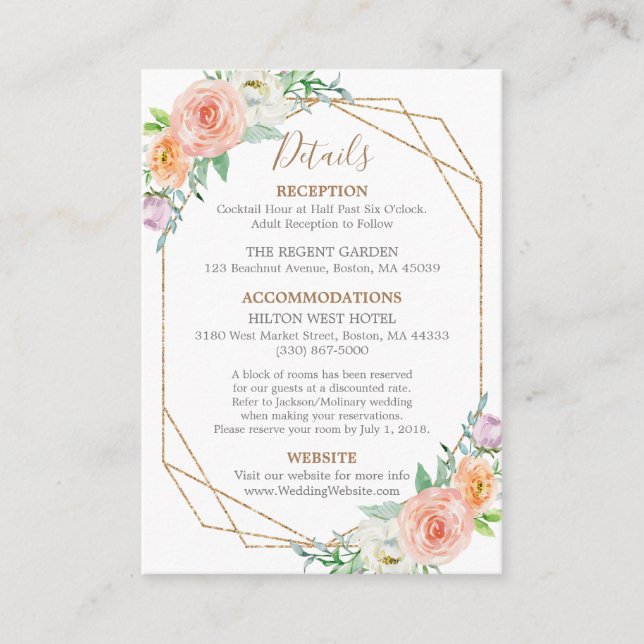 Geometric Watercolor Flowers Wedding Details Card (Front)