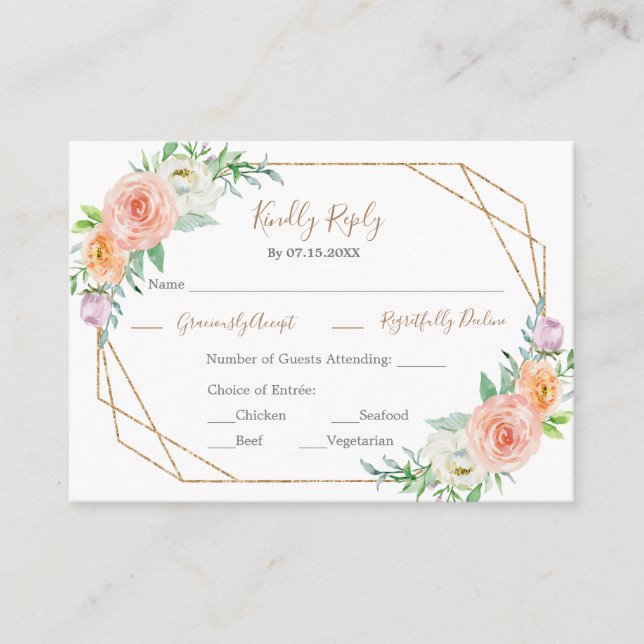 Geometric Watercolor Flowers Wedding RSVP Card (Front)