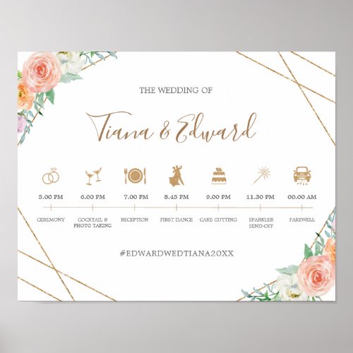 Geometric Watercolor Flowers Wedding Timeline Sign
