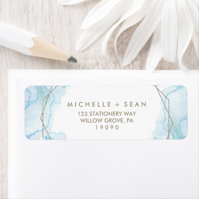 Geometric Watercolor Light Blue Wedding Label (Insitu)