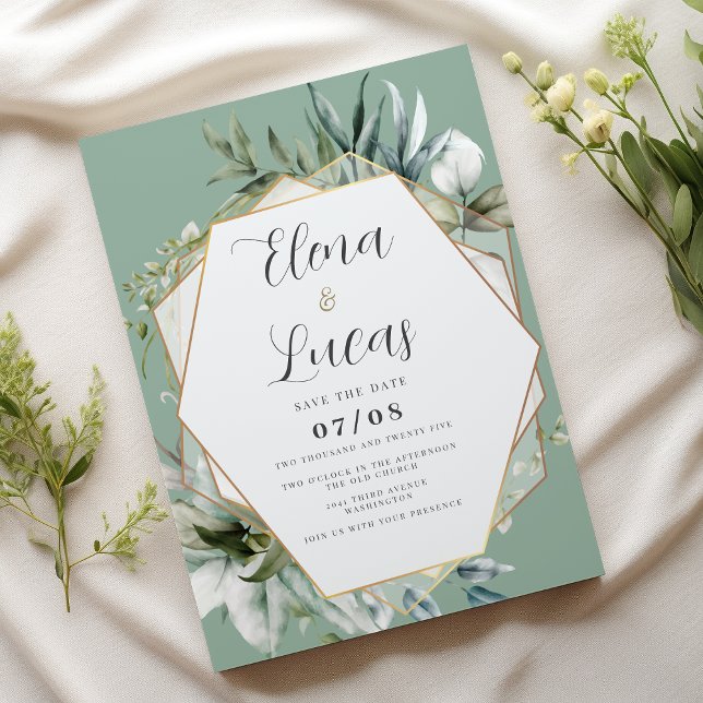 Geometric watercolor mint gold foliage wedding invitation (Geometric watercolor mint gold foliage wedding)