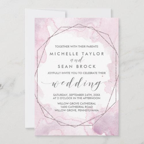 Geometric Watercolor  Pink and Rose Gold Wedding Invitation