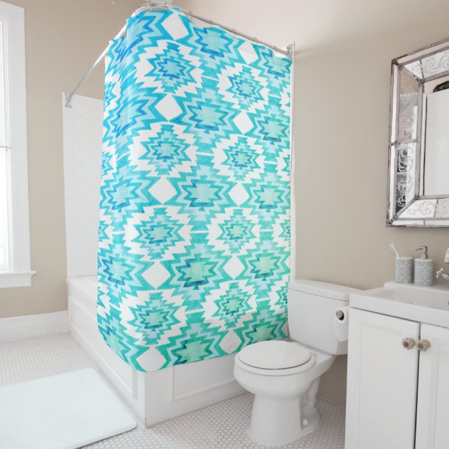 Geometric Watercolor Print Pattern Aqua Blue Shower Curtain (In Situ)