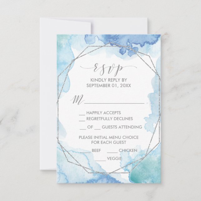 Geometric Watercolor Silver Menu Choice RSVP Card (Front)