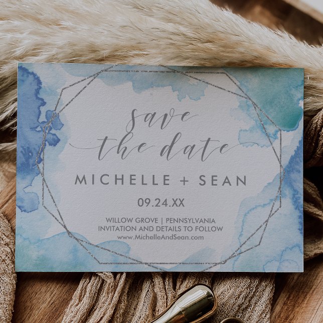 Geometric Watercolor Silver Save the Date Card (Creator Uploaded)