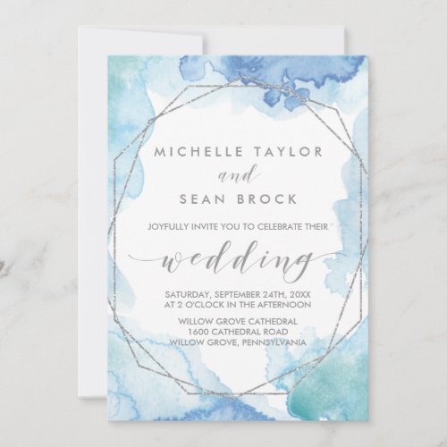 Geometric Watercolor  Silver Wedding Invitation
