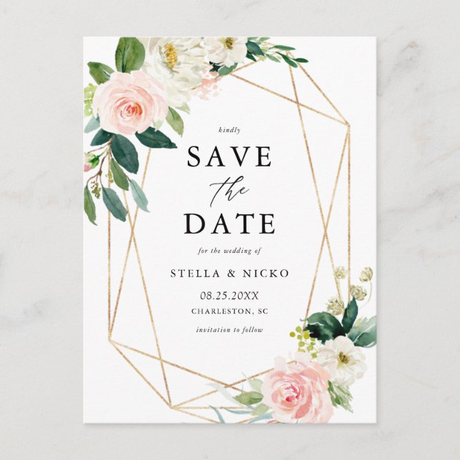 Geometric Watercolor Spring Blooms Save The Date Announcement Postcard (Front)