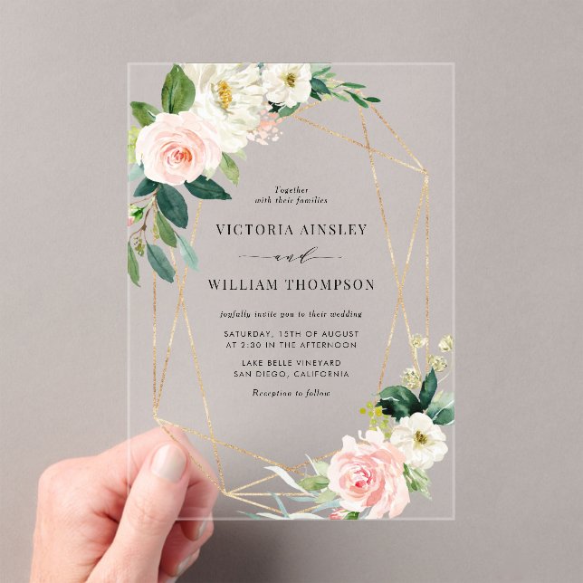 Geometric Watercolor Spring Blooms Wedding  Acrylic Invitations (Insitu (Handheld))